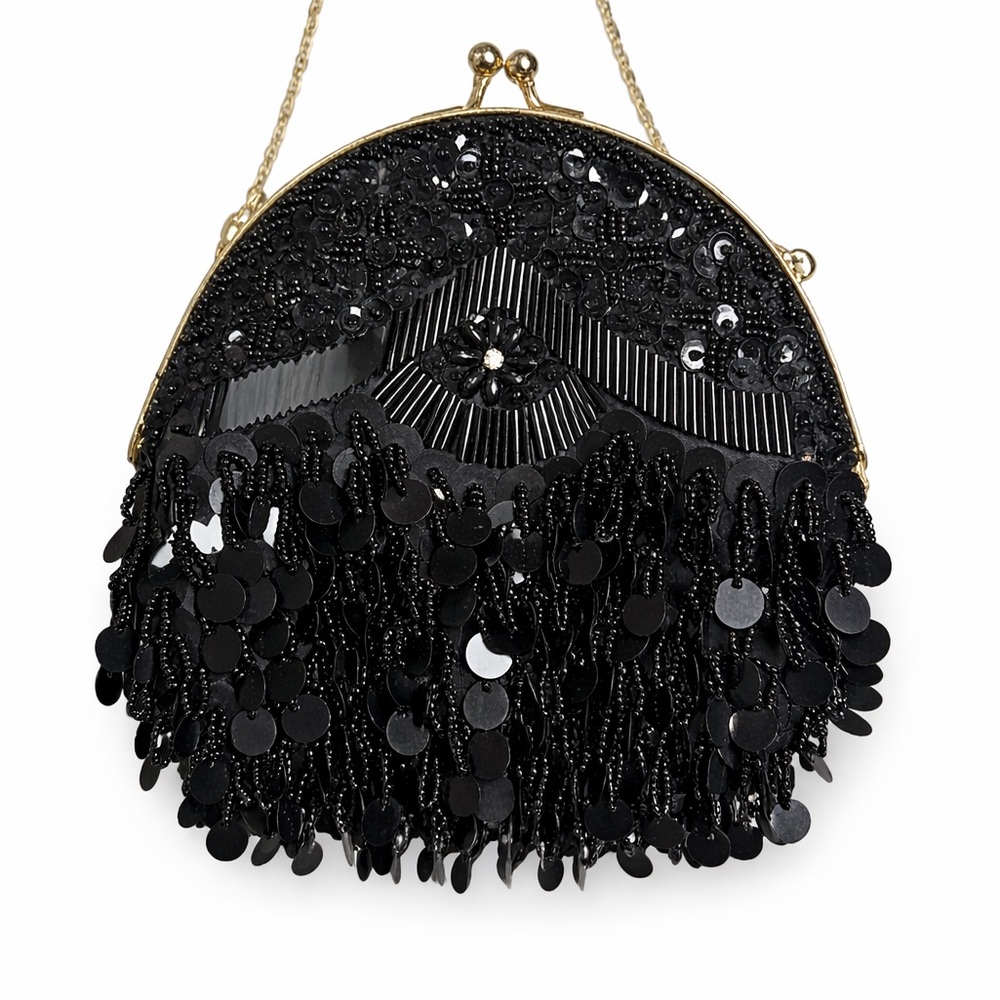 Vintage Black Beaded Sequin Fringe Clutch 90’s style